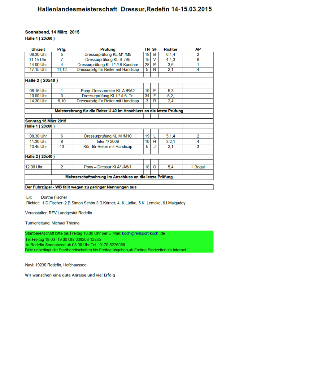 Zeitplan HLM Dressur 2015
